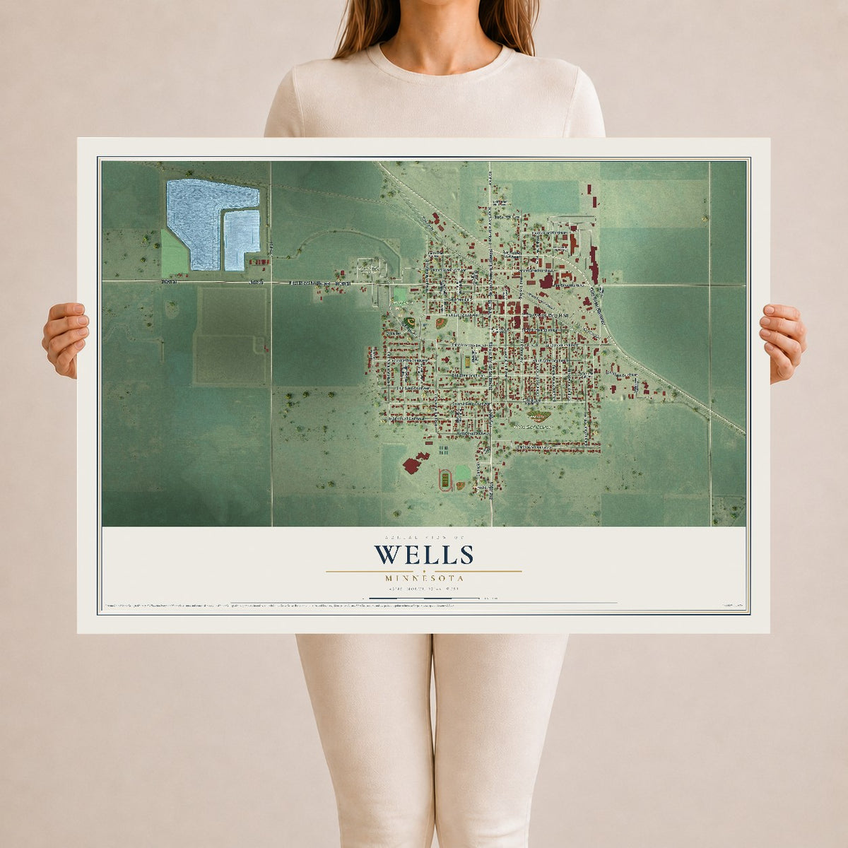 Map of Wells, Minnesota, 24 x 36 inch unframed archival matte print