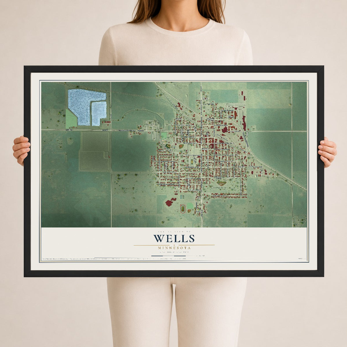 Map of Wells, Minnesota, 24 x 36 inch print in a black wood frame