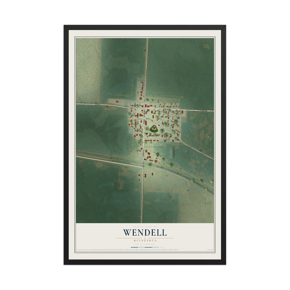 Map of Wendell, Minnesota, 12 x 18 inch print in a black wood frame