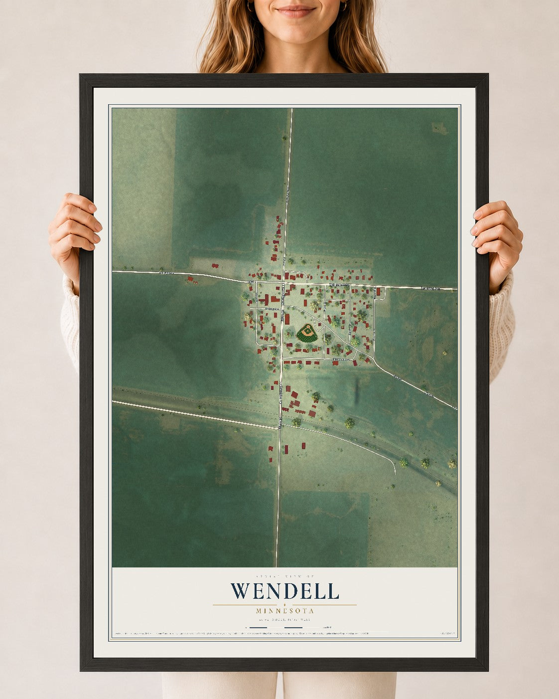 Map of Wendell, Minnesota, 24 x 36 inch print in a black wood frame