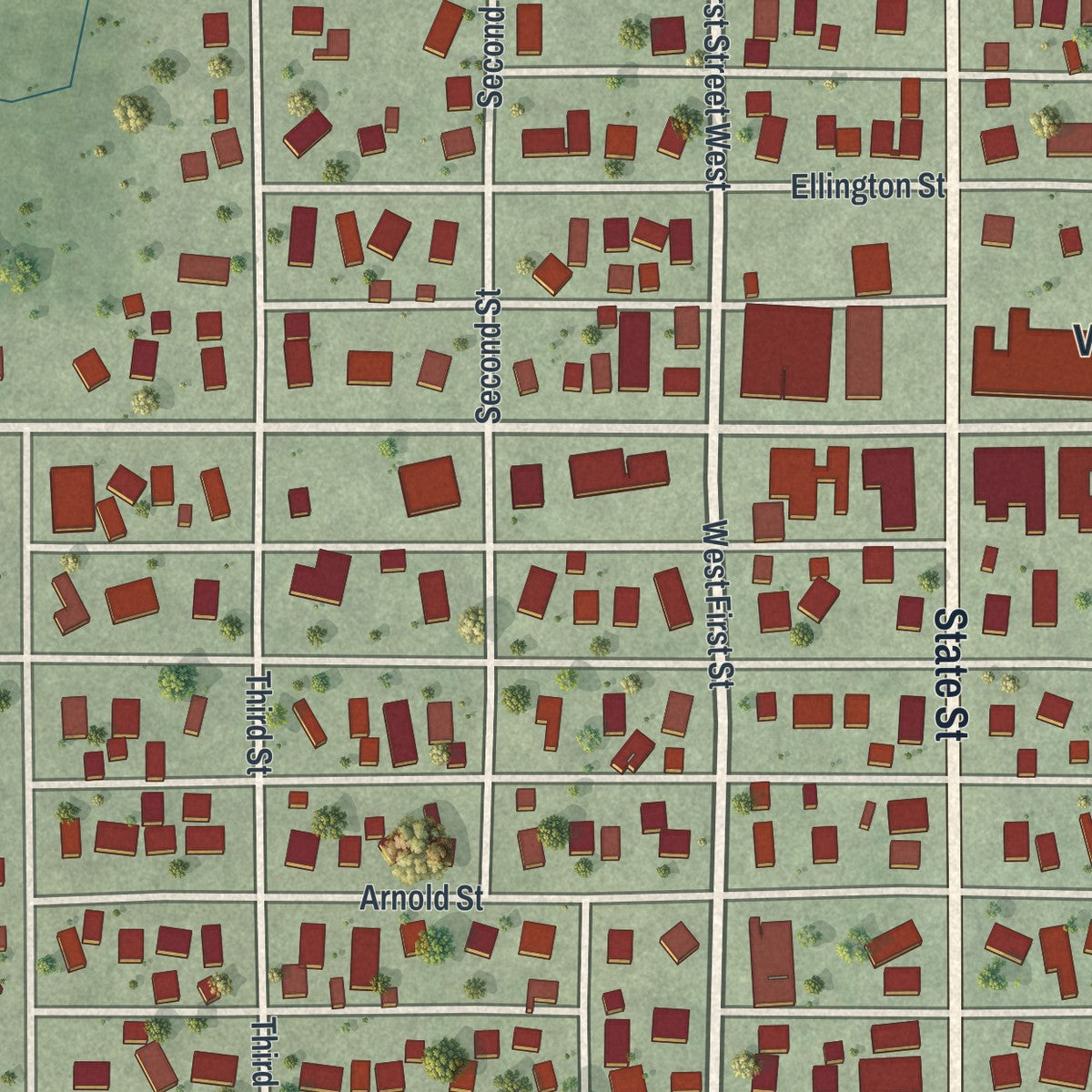 Close-up of the map of West Concord, Minnesota print showing street and building detail