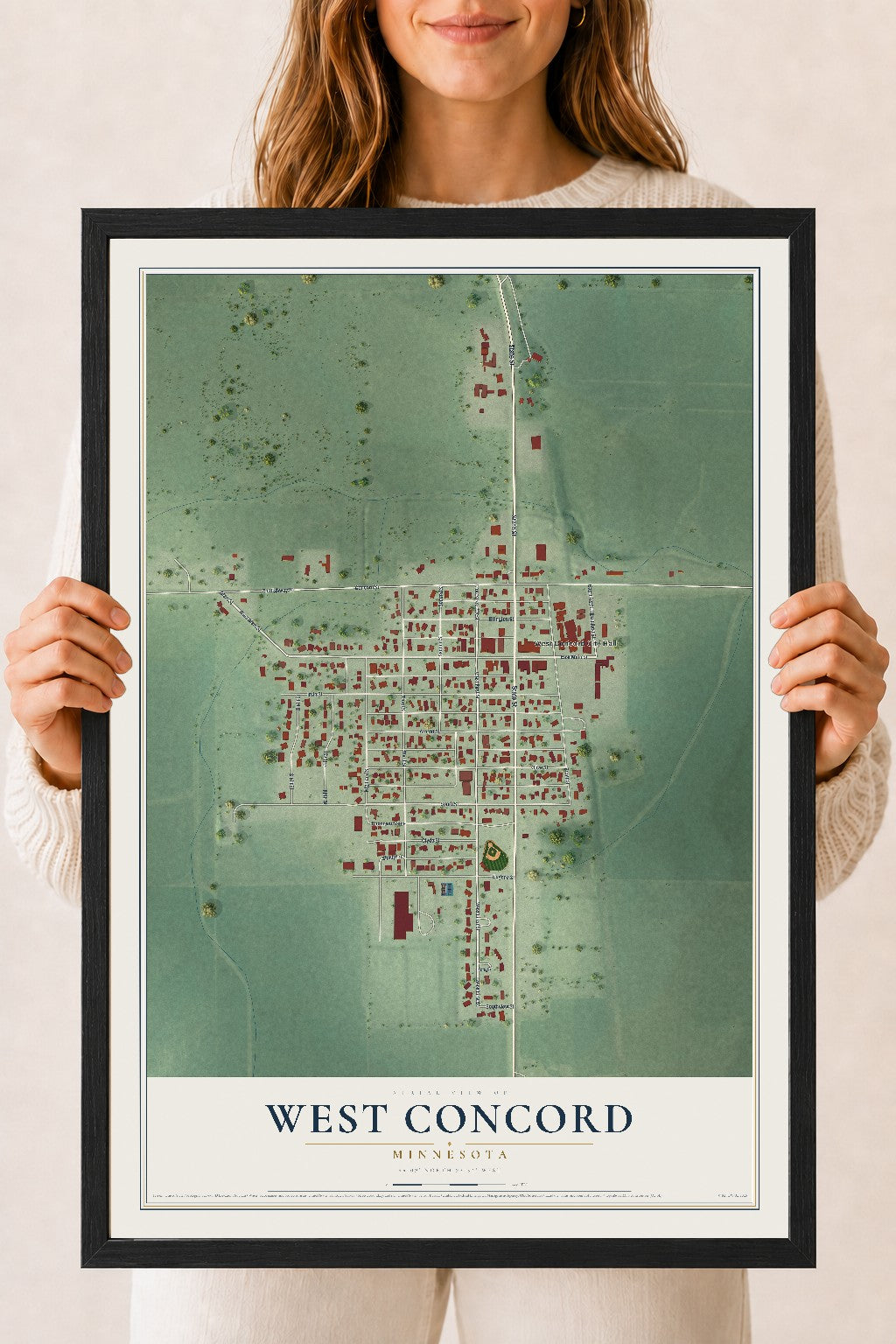 Map of West Concord, Minnesota, 18 x 24 inch print in a black wood frame
