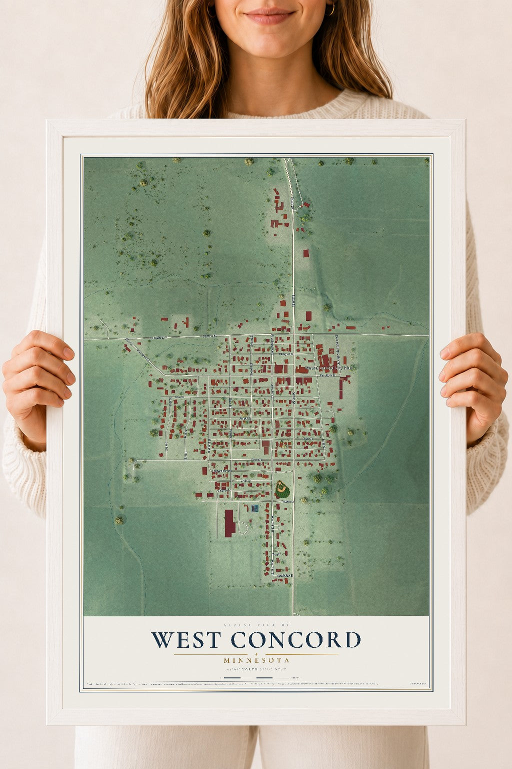 Map of West Concord, Minnesota, 18 x 24 inch print in a white wood frame