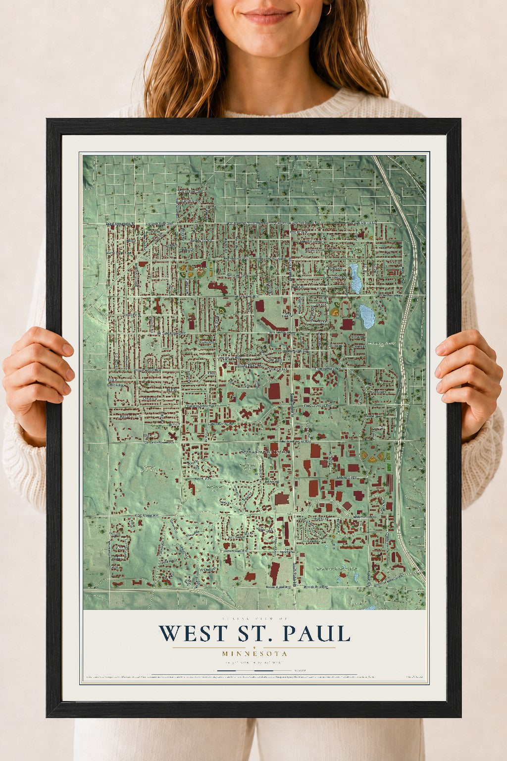 Map of West St. Paul, Minnesota, 18 x 24 inch print in a black wood frame