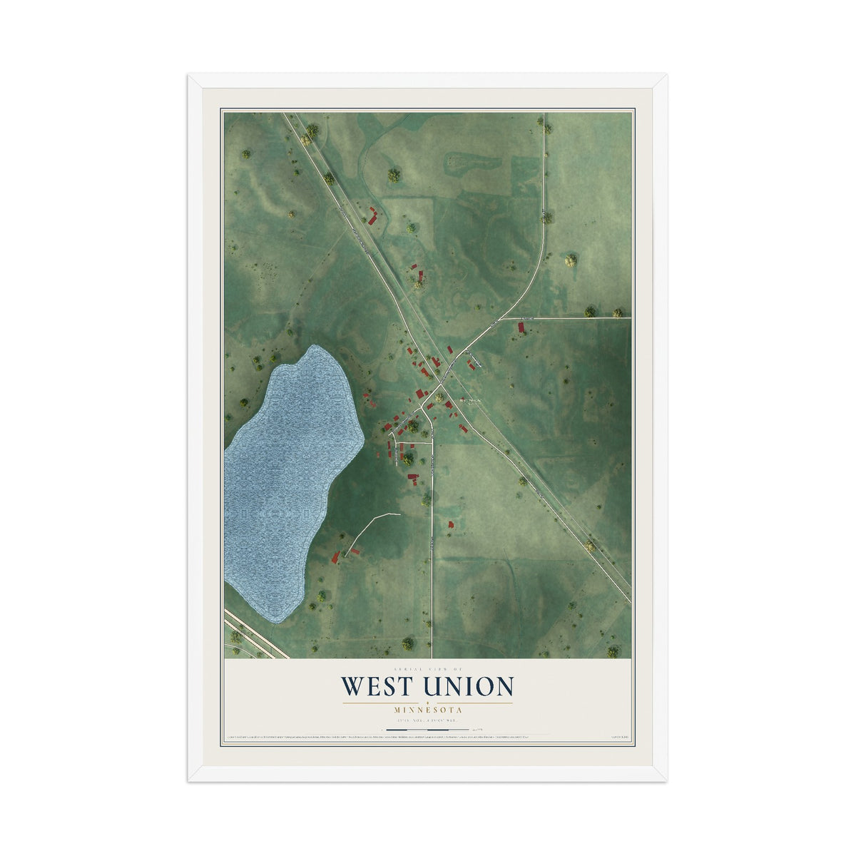 Map of West Union, Minnesota, 12 x 18 inch print in a white wood frame