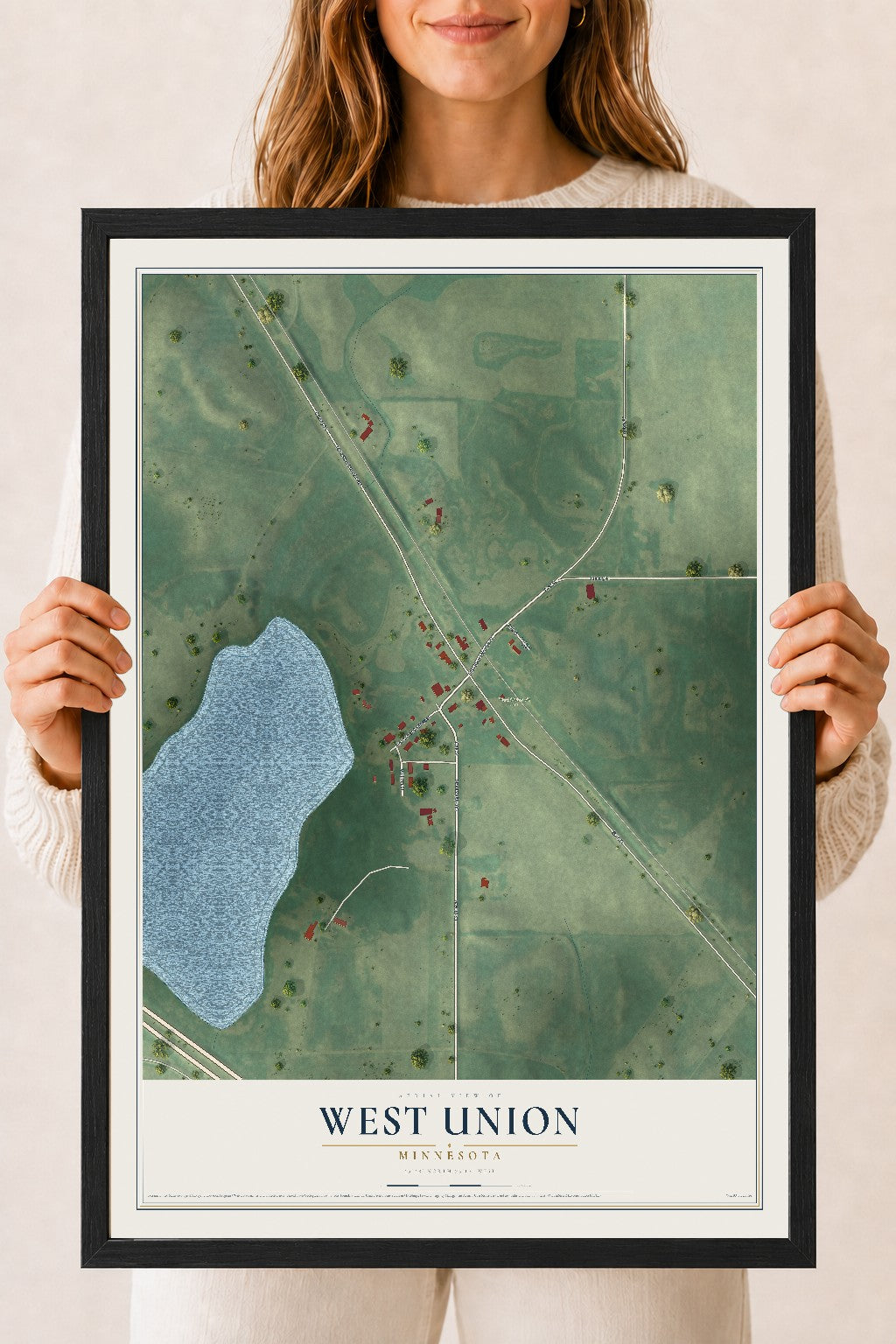 Map of West Union, Minnesota, 18 x 24 inch print in a black wood frame