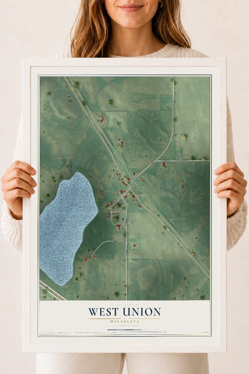 Map of West Union, Minnesota, 18 x 24 inch print in a white wood frame