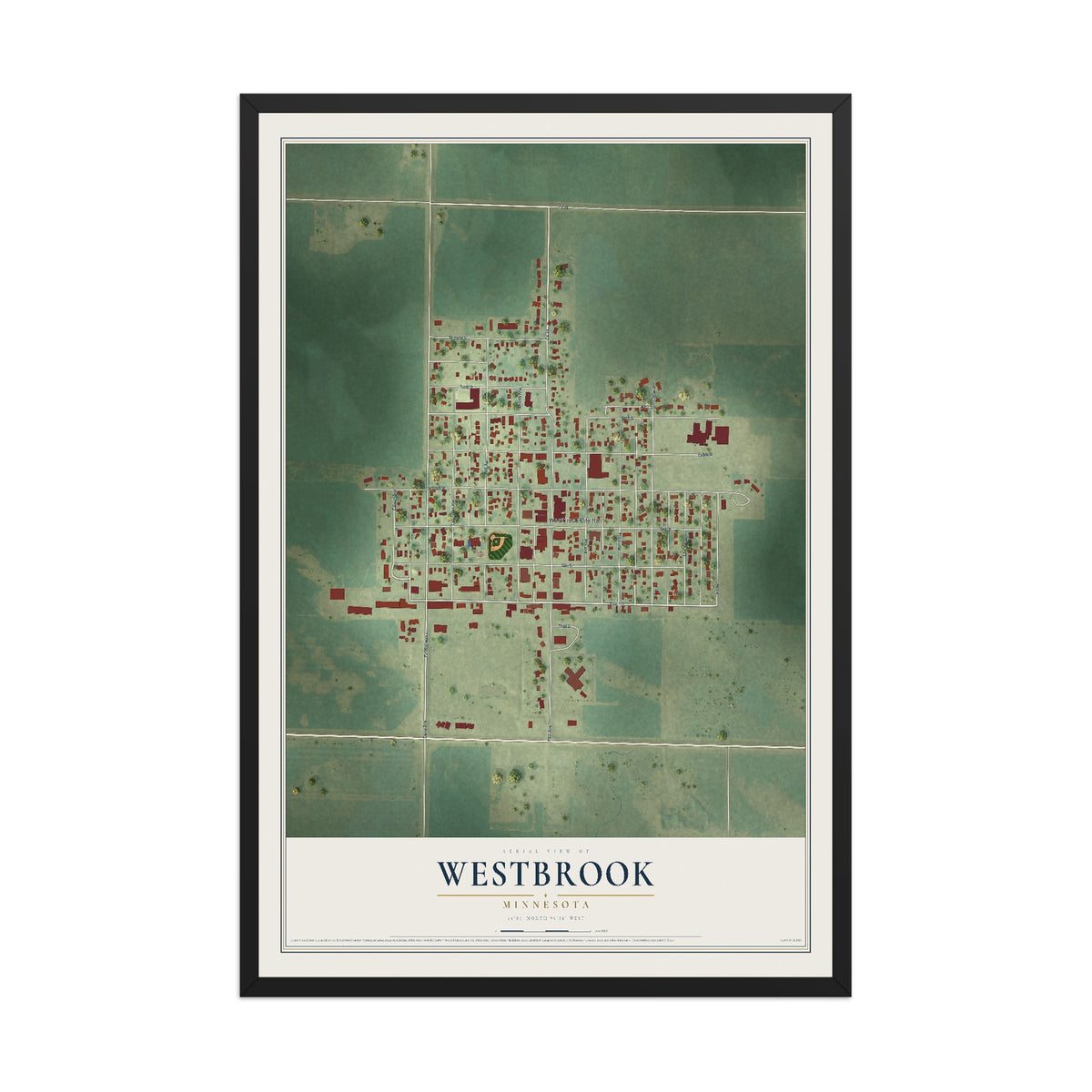 Map of Westbrook, Minnesota, 12 x 18 inch print in a black wood frame