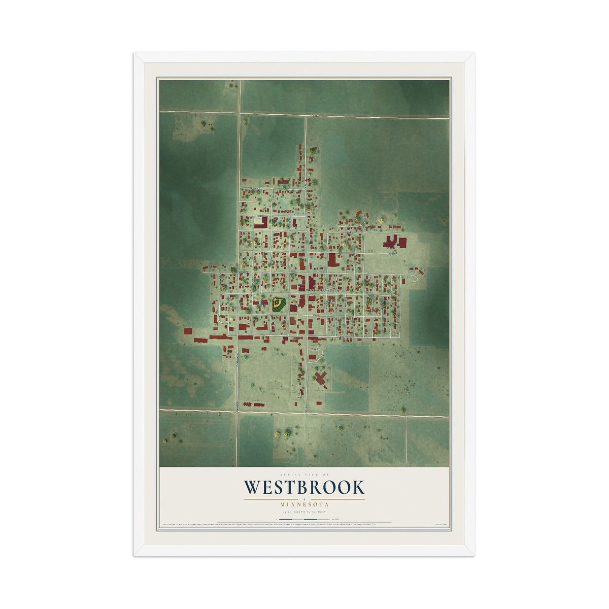 Map of Westbrook, Minnesota, 12 x 18 inch print in a white wood frame