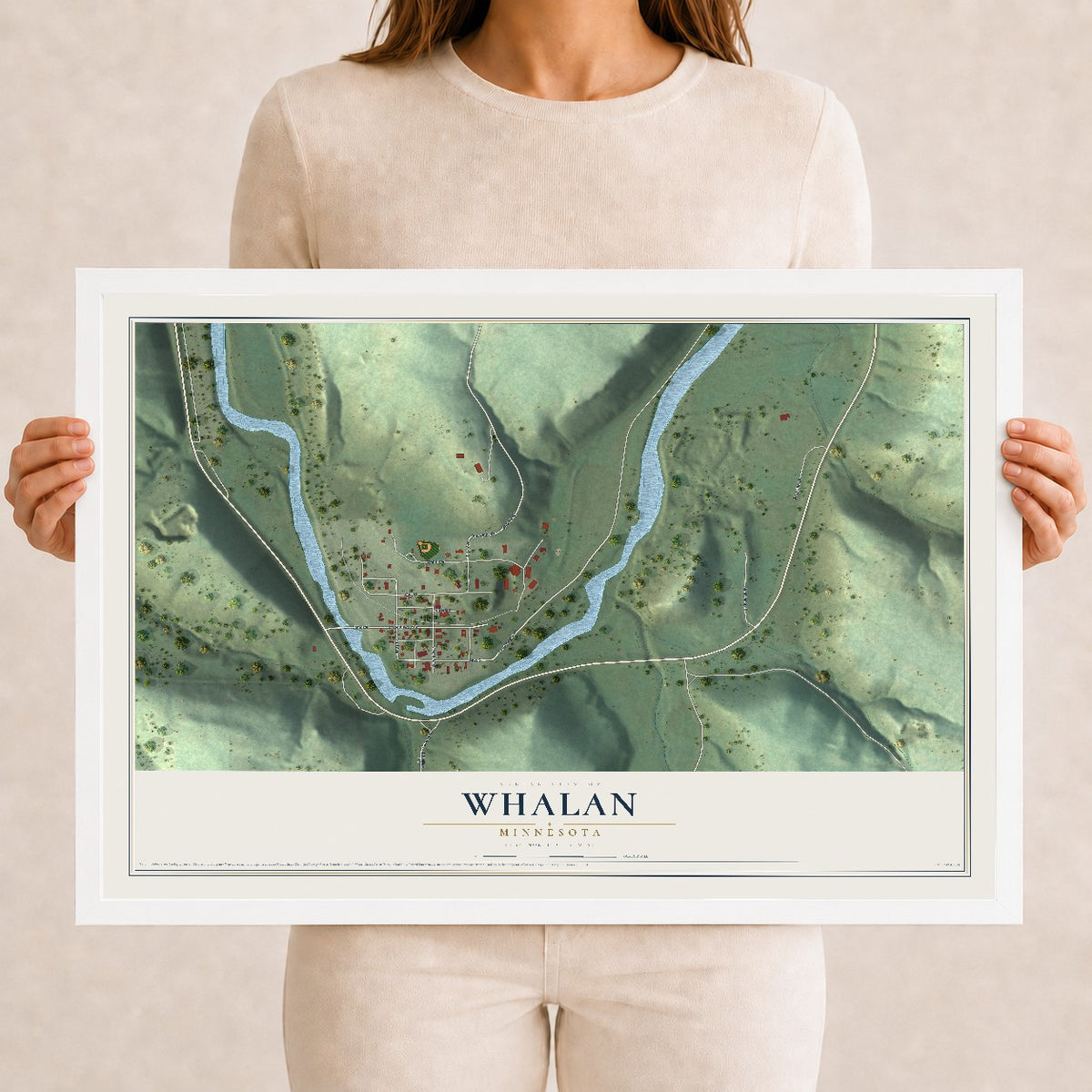 Map of Whalan, Minnesota, 12 x 18 inch print in a white wood frame