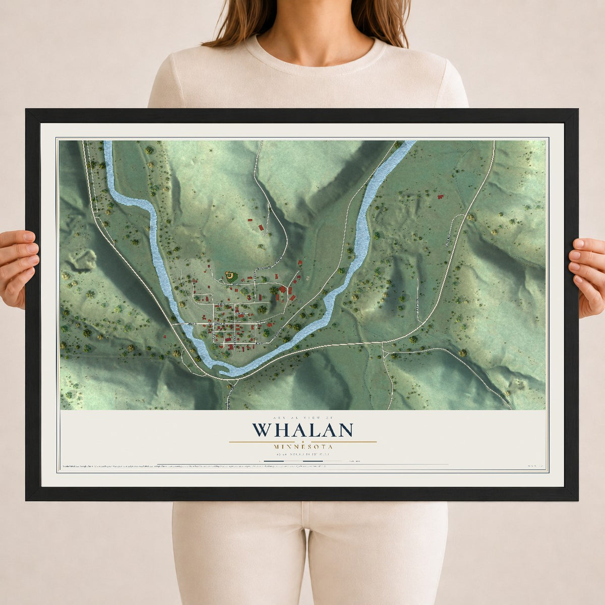 Map of Whalan, Minnesota, 18 x 24 inch print in a black wood frame