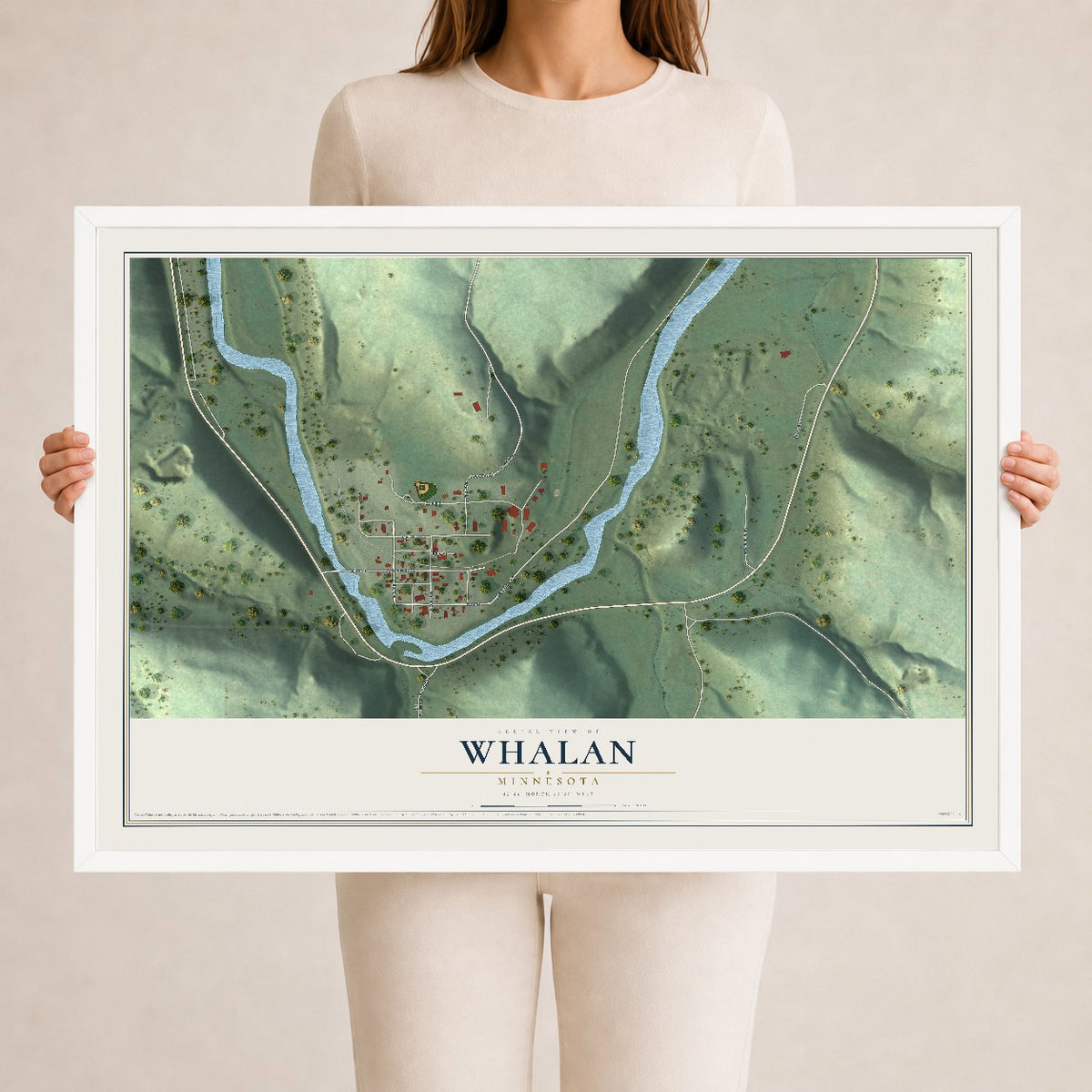 Map of Whalan, Minnesota, 24 x 36 inch print in a white wood frame
