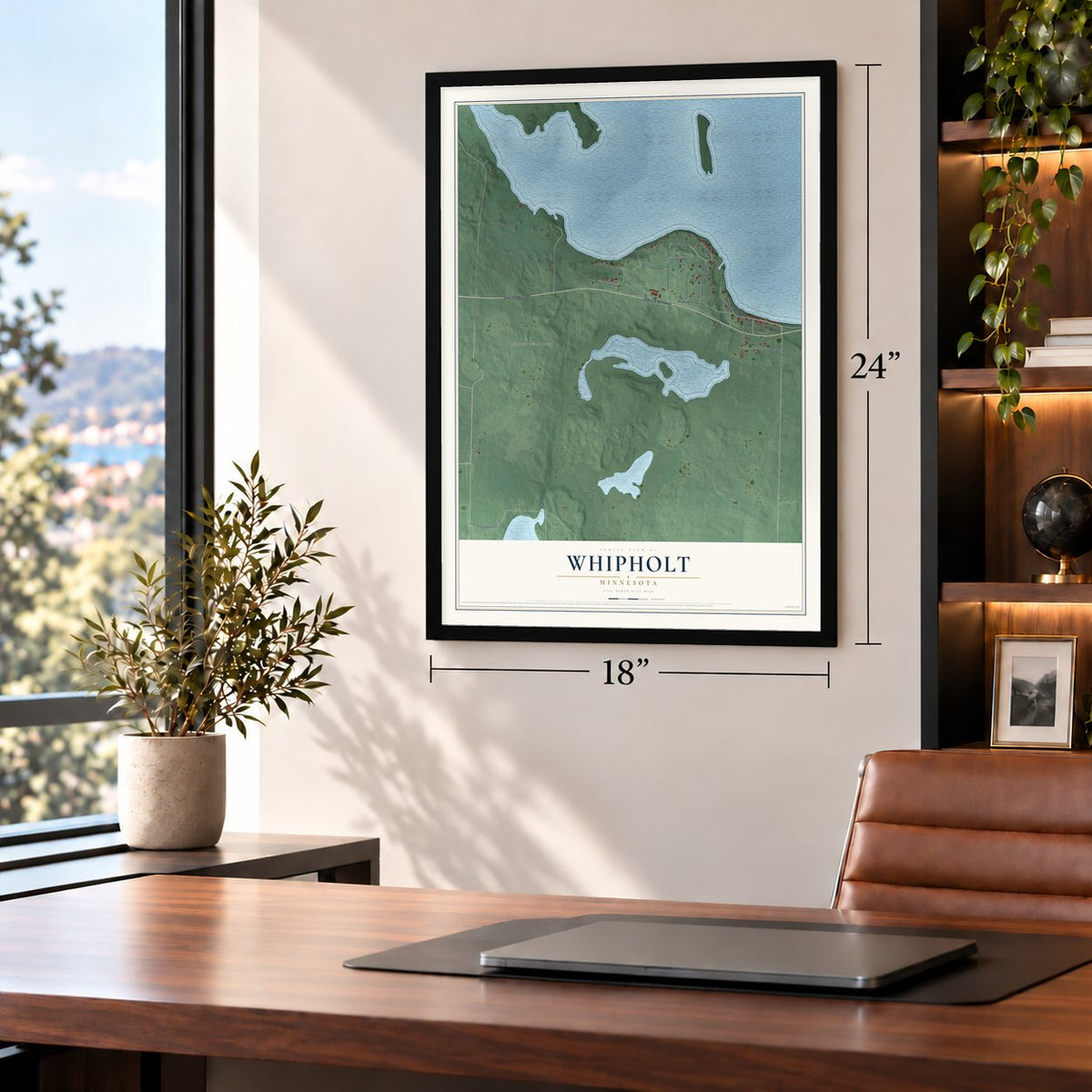 Whipholt, Minnesota map, 18 x 24 inch print in a black frame in a home office
