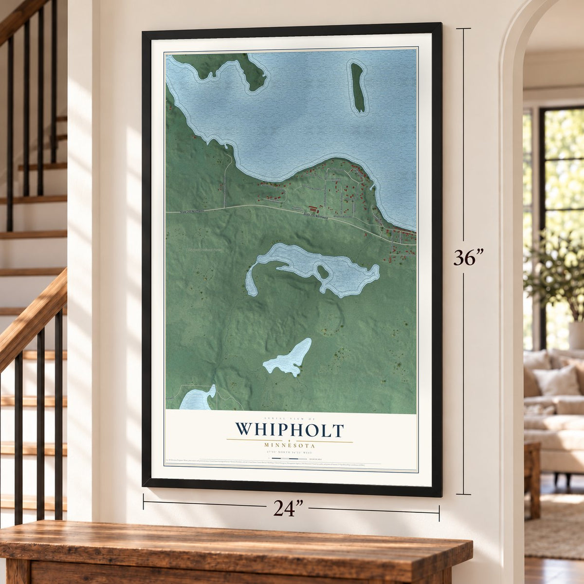 Whipholt, Minnesota map, 24 x 36 inch print in a black frame by a staircase