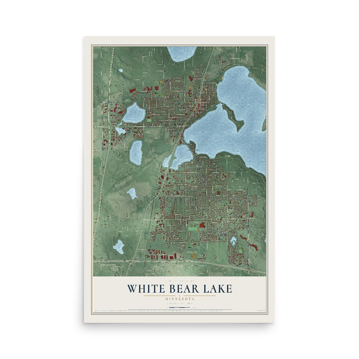 Map of White Bear Lake, Minnesota, 12 x 18 inch unframed archival matte print