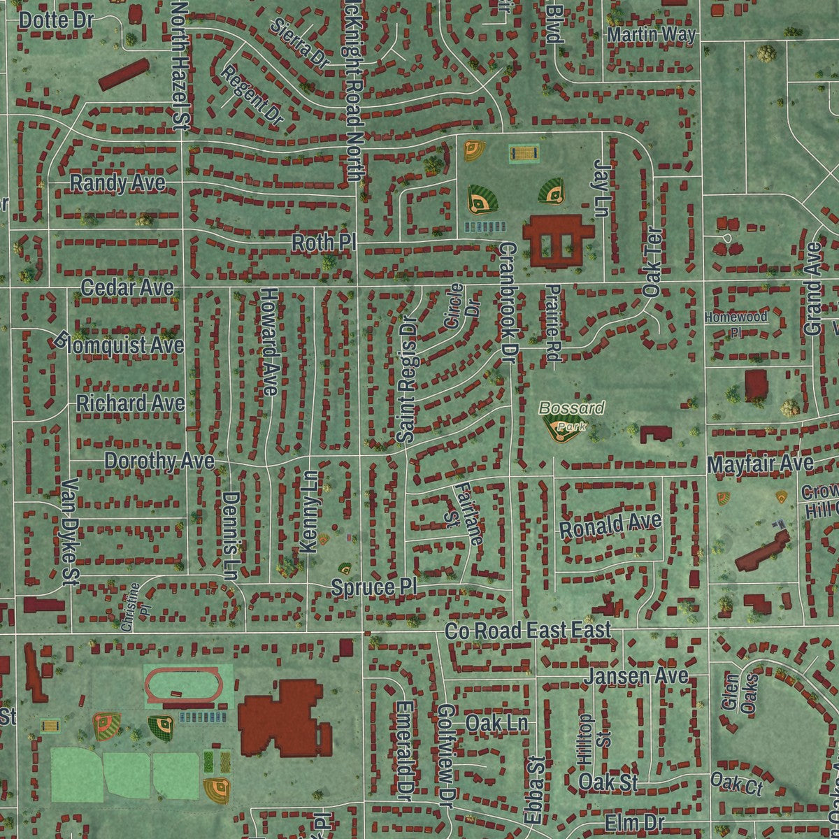 Close-up of the map of White Bear Lake, Minnesota print showing street and building detail