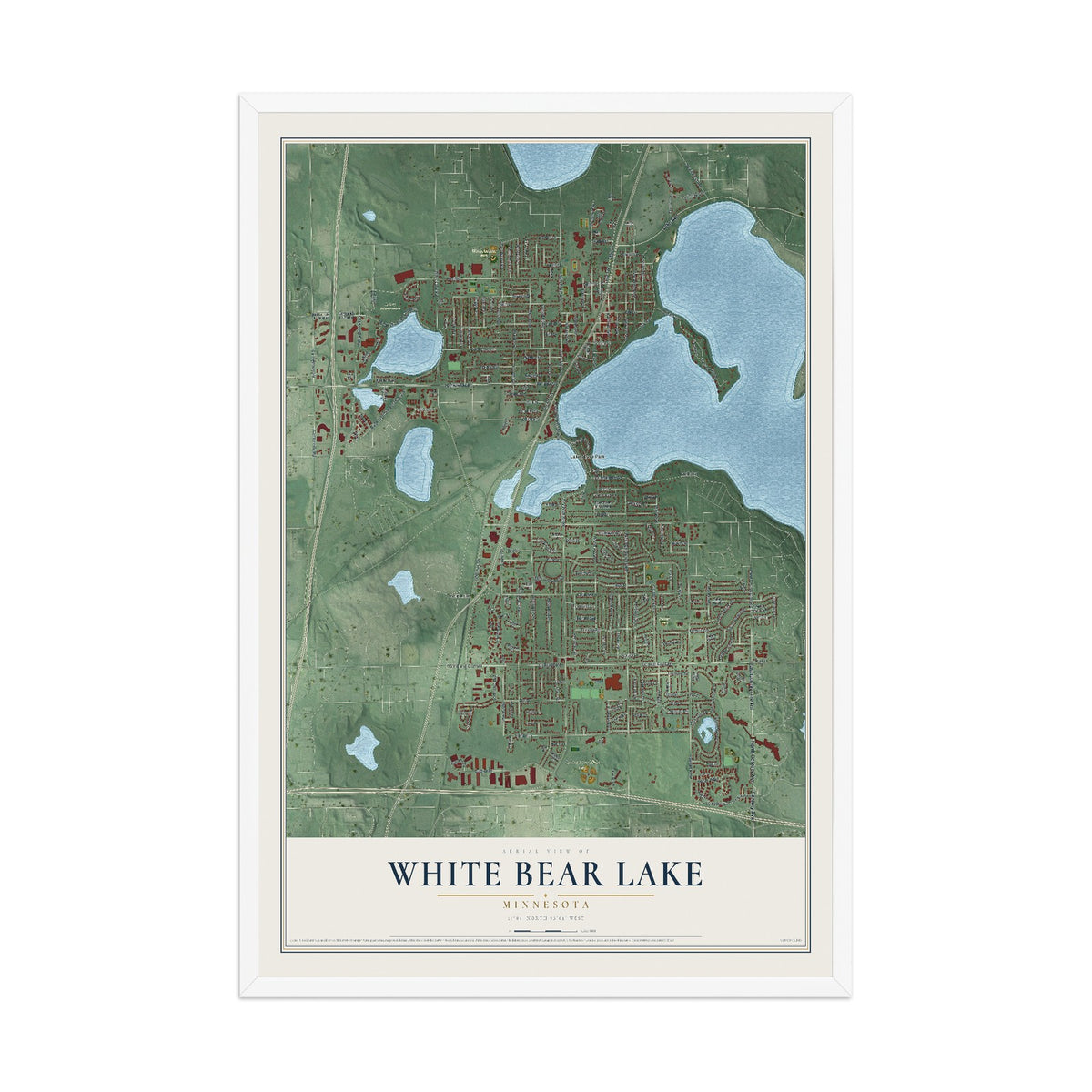 Map of White Bear Lake, Minnesota, 12 x 18 inch print in a white wood frame