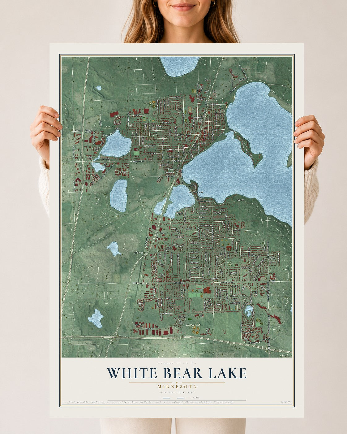 Map of White Bear Lake, Minnesota, 24 x 36 inch unframed archival matte print
