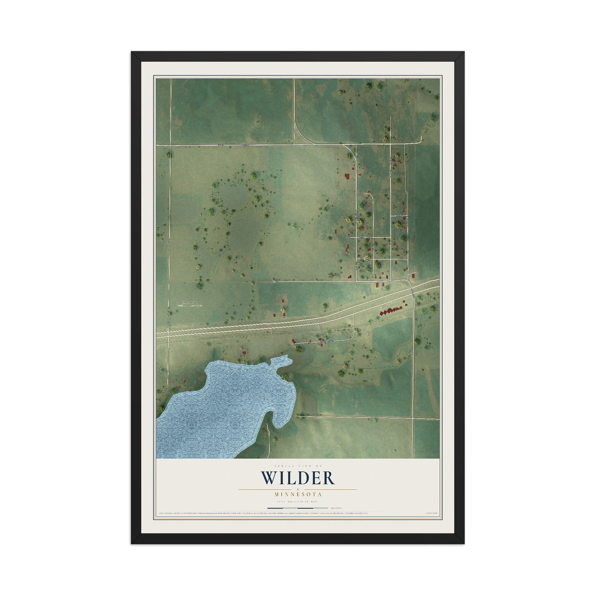 Map of Wilder, Minnesota, 12 x 18 inch print in a black wood frame