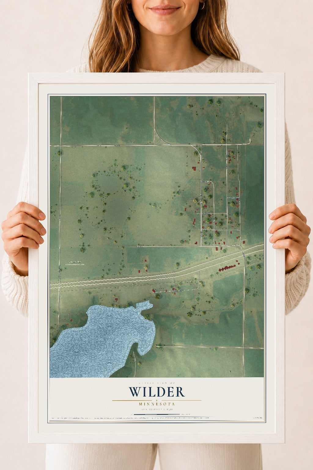 Map of Wilder, Minnesota, 18 x 24 inch print in a white wood frame