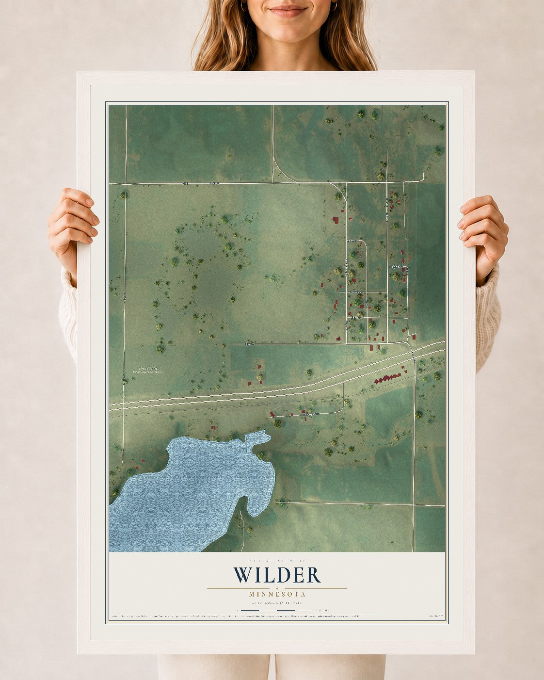 Map of Wilder, Minnesota, 24 x 36 inch print in a white wood frame