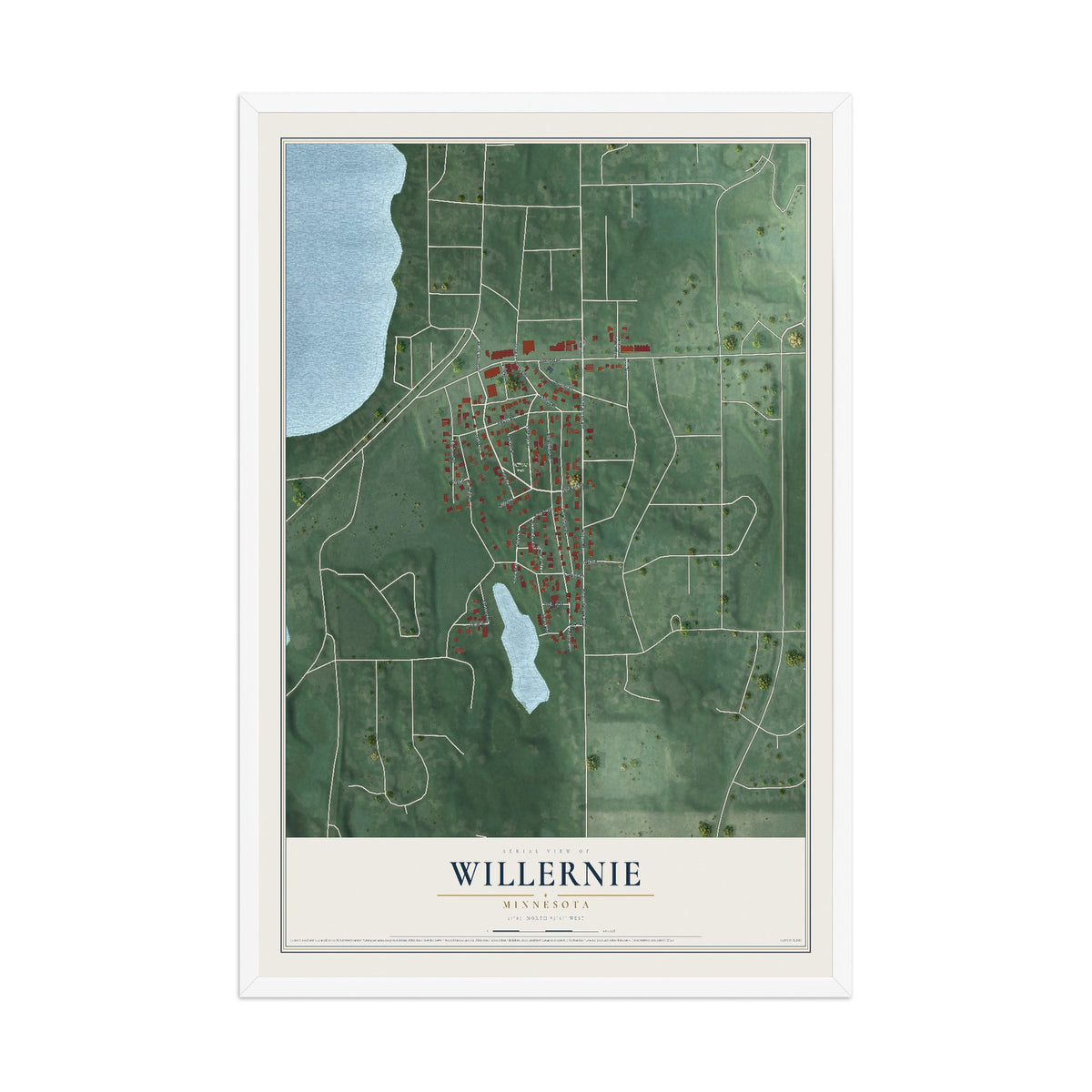 Map of Willernie, Minnesota, 12 x 18 inch print in a white wood frame