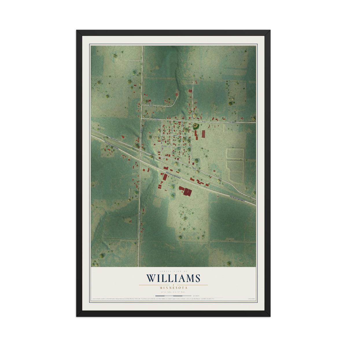 Map of Williams, Minnesota, 12 x 18 inch print in a black wood frame