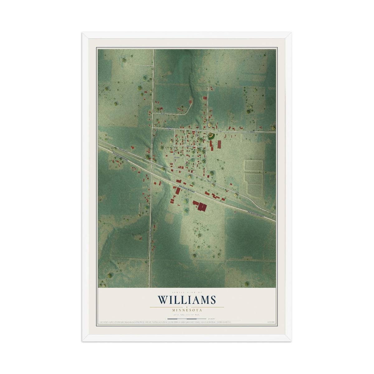 Map of Williams, Minnesota, 12 x 18 inch print in a white wood frame