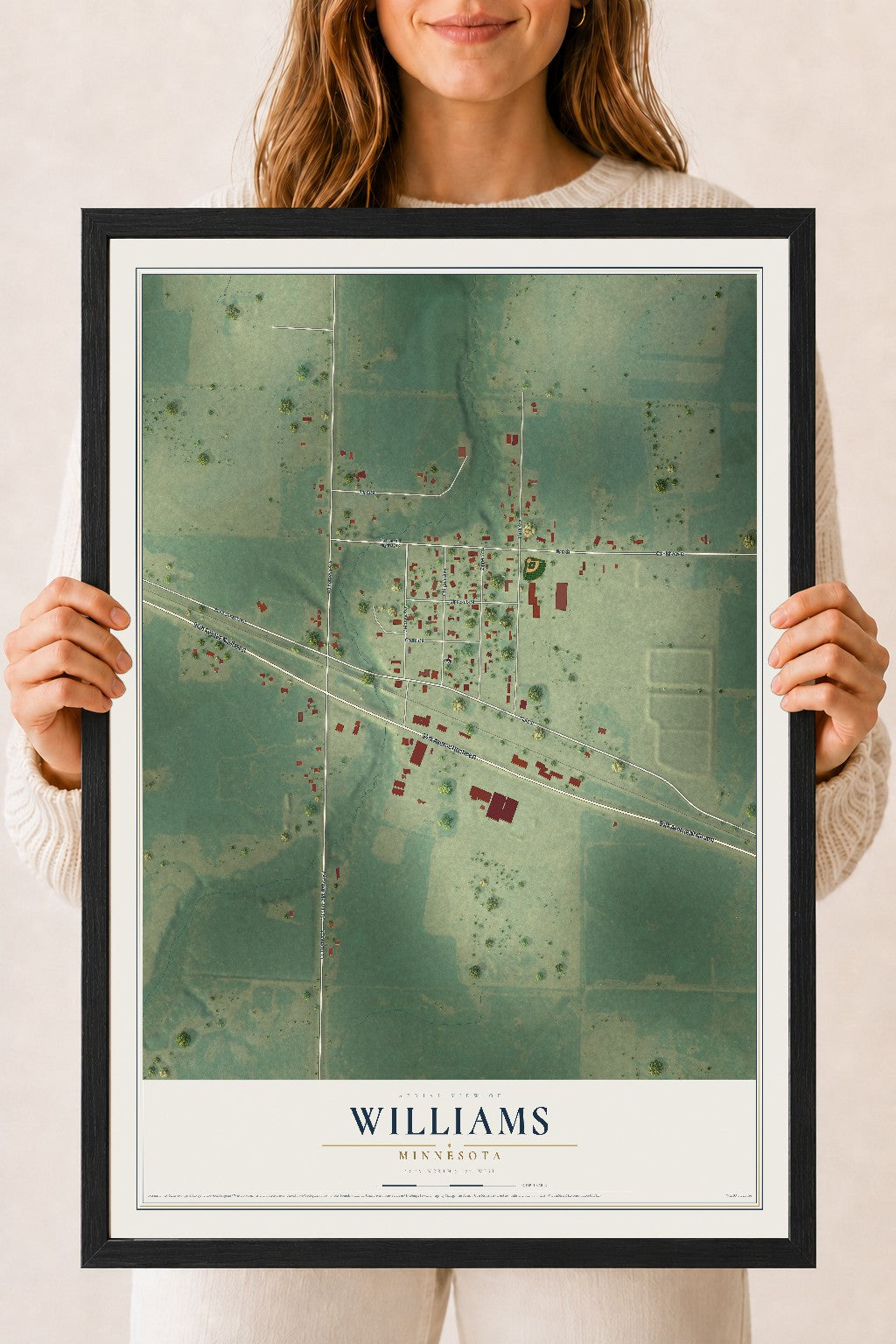 Map of Williams, Minnesota, 18 x 24 inch print in a black wood frame