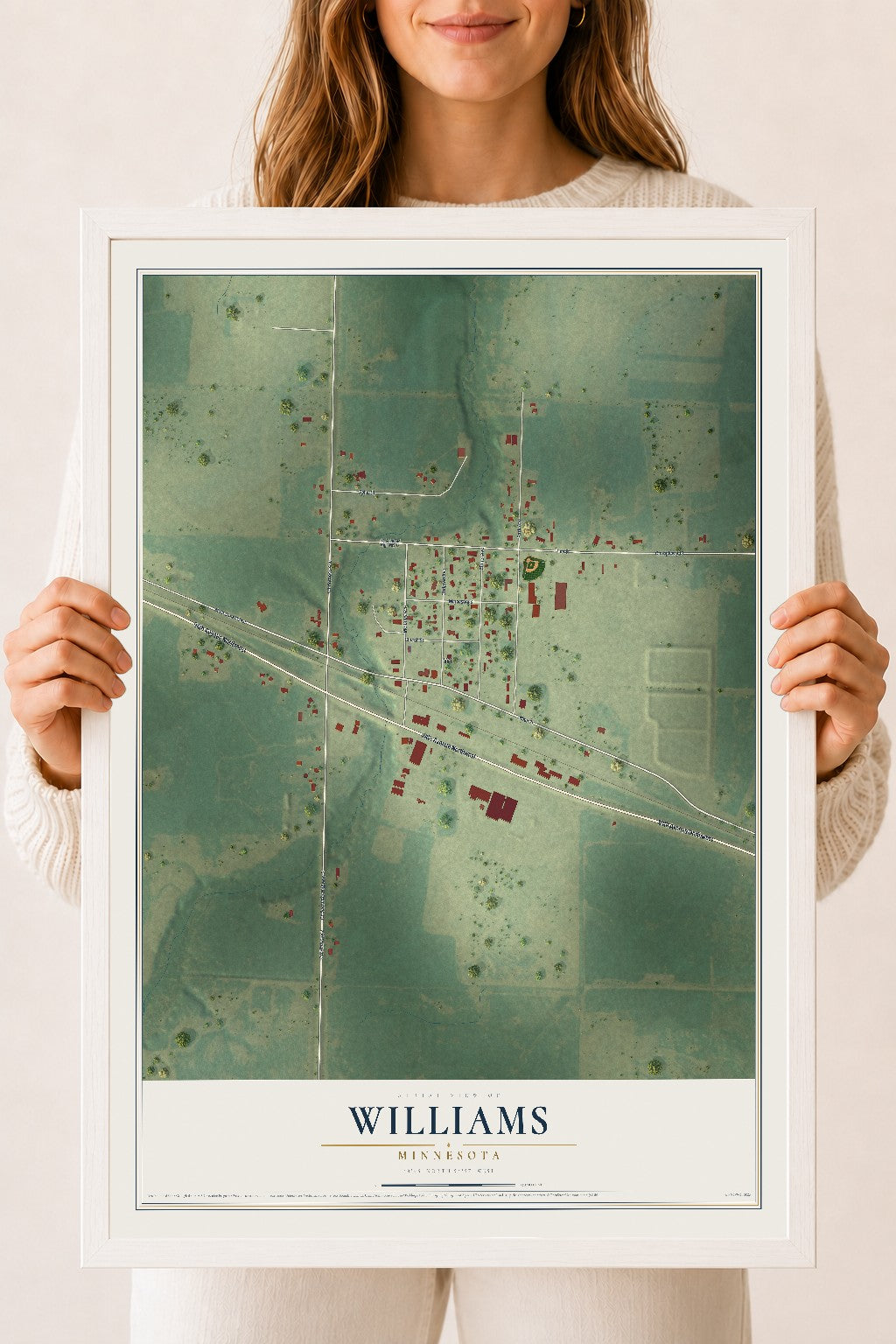 Map of Williams, Minnesota, 18 x 24 inch print in a white wood frame