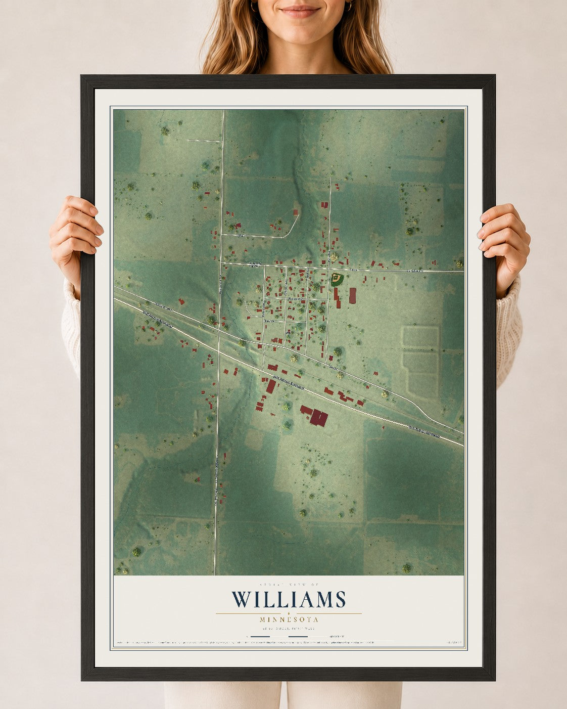 Map of Williams, Minnesota, 24 x 36 inch print in a black wood frame