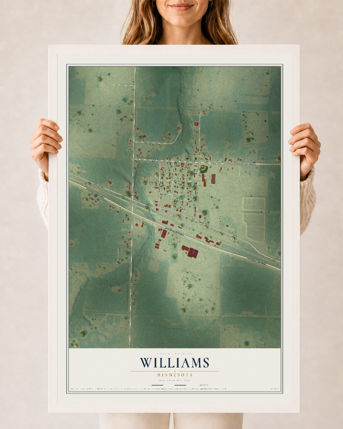 Map of Williams, Minnesota, 24 x 36 inch print in a white wood frame