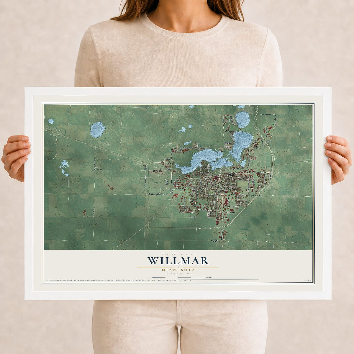 Map of Willmar, Minnesota, 12 x 18 inch print in a white wood frame