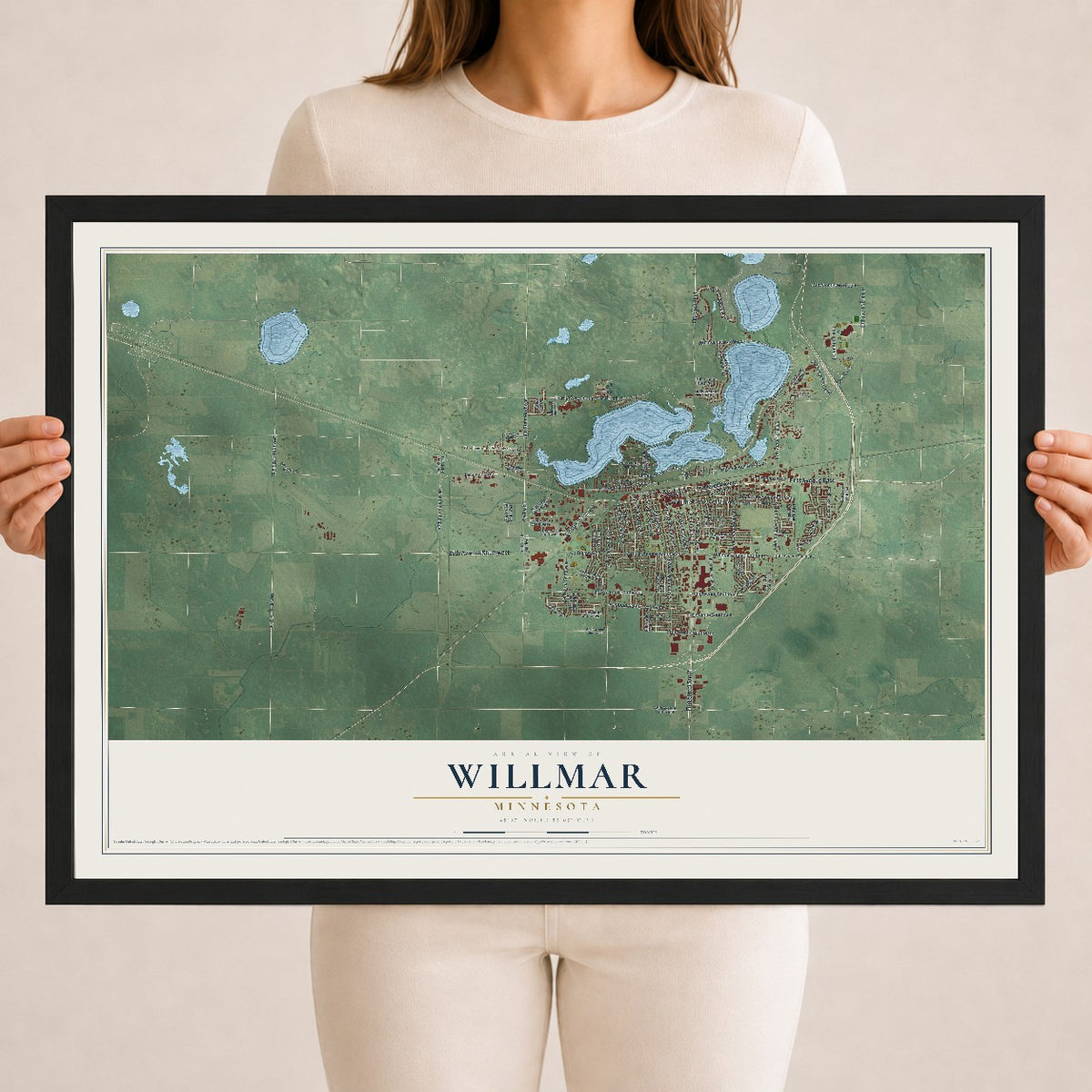 Map of Willmar, Minnesota, 18 x 24 inch print in a black wood frame