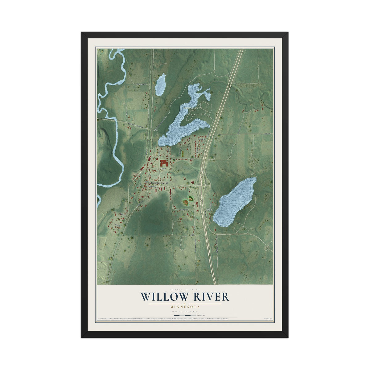 Map of Willow River, Minnesota, 12 x 18 inch print in a black wood frame