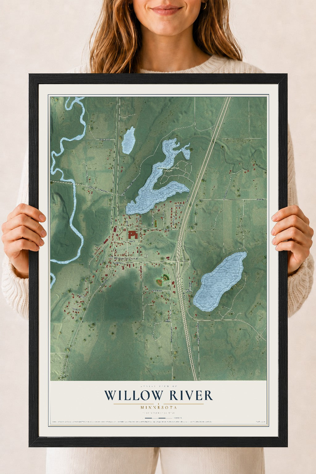 Map of Willow River, Minnesota, 18 x 24 inch print in a black wood frame