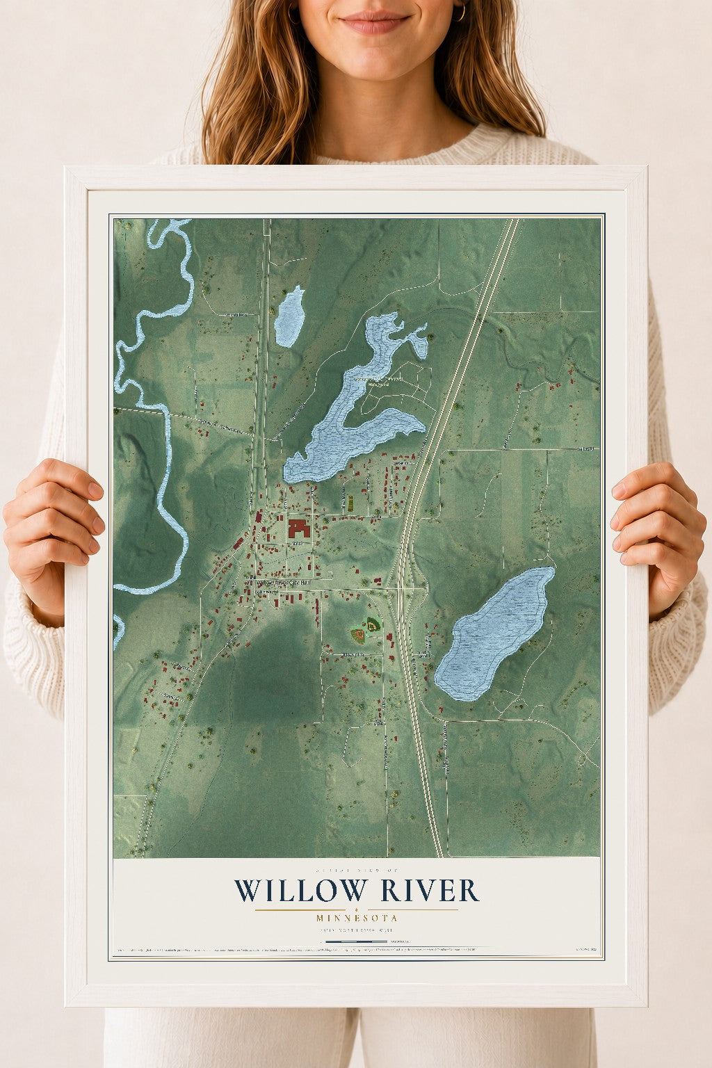 Map of Willow River, Minnesota, 18 x 24 inch print in a white wood frame