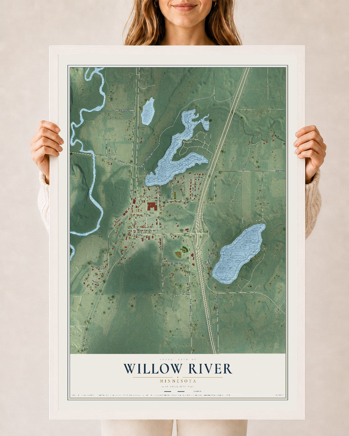 Map of Willow River, Minnesota, 24 x 36 inch print in a white wood frame