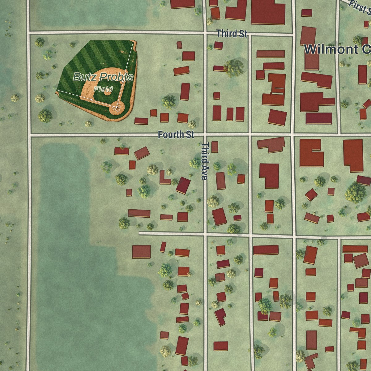 Close-up of the map of Wilmont, Minnesota print showing street and building detail