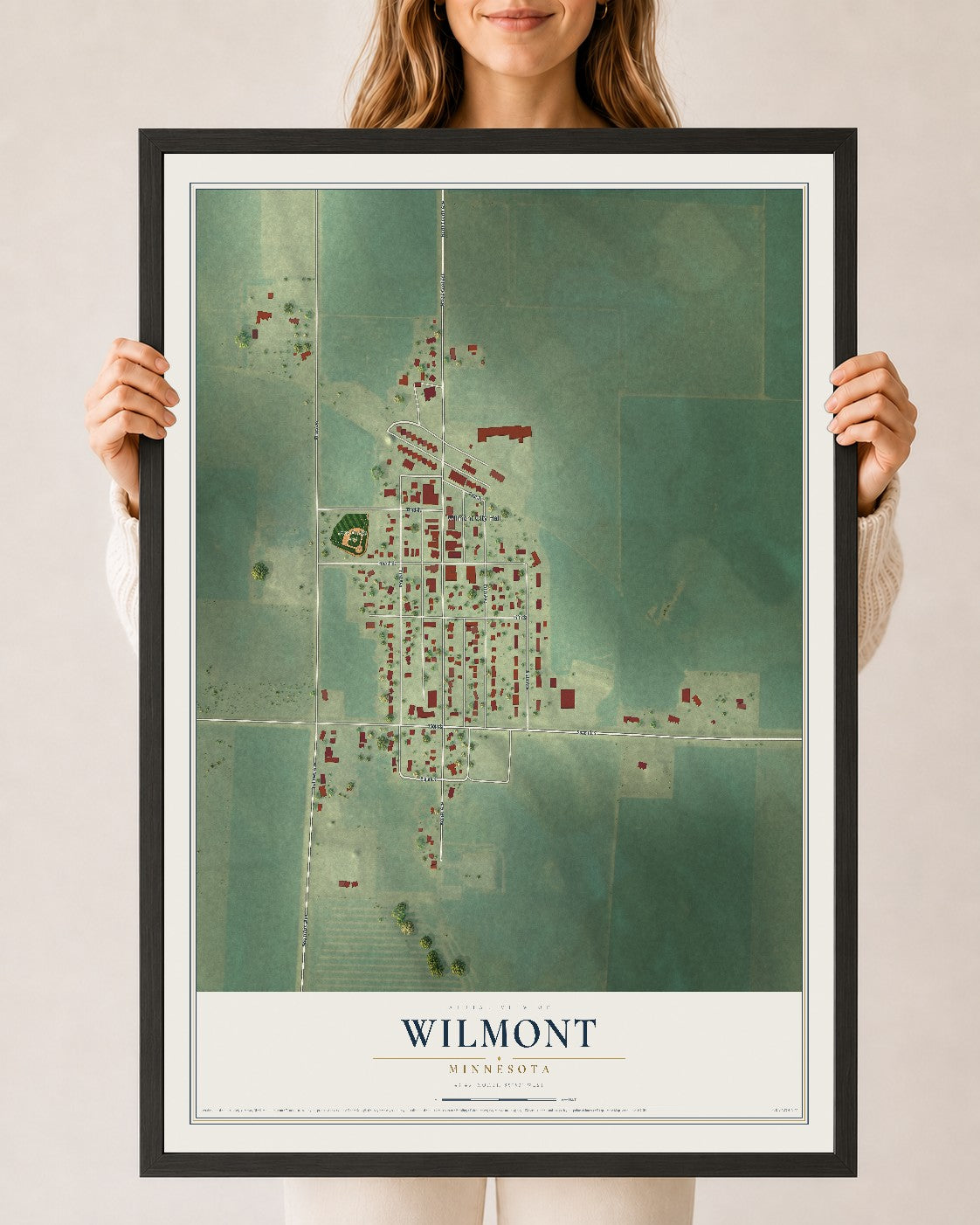 Map of Wilmont, Minnesota, 24 x 36 inch print in a black wood frame