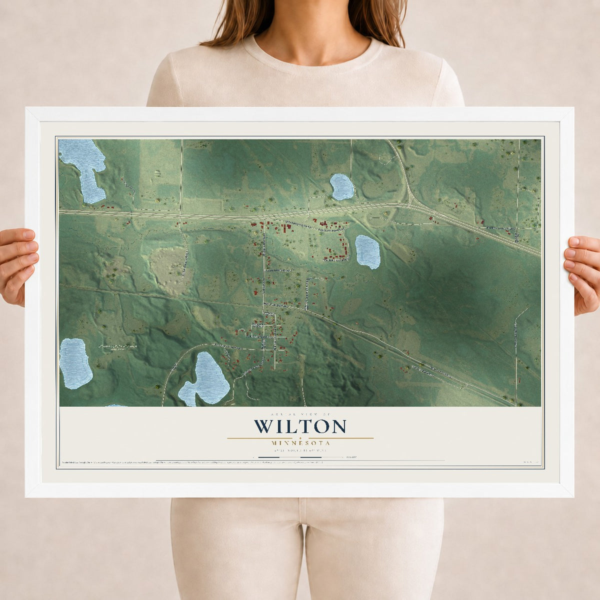 Map of Wilton, Minnesota, 18 x 24 inch print in a white wood frame