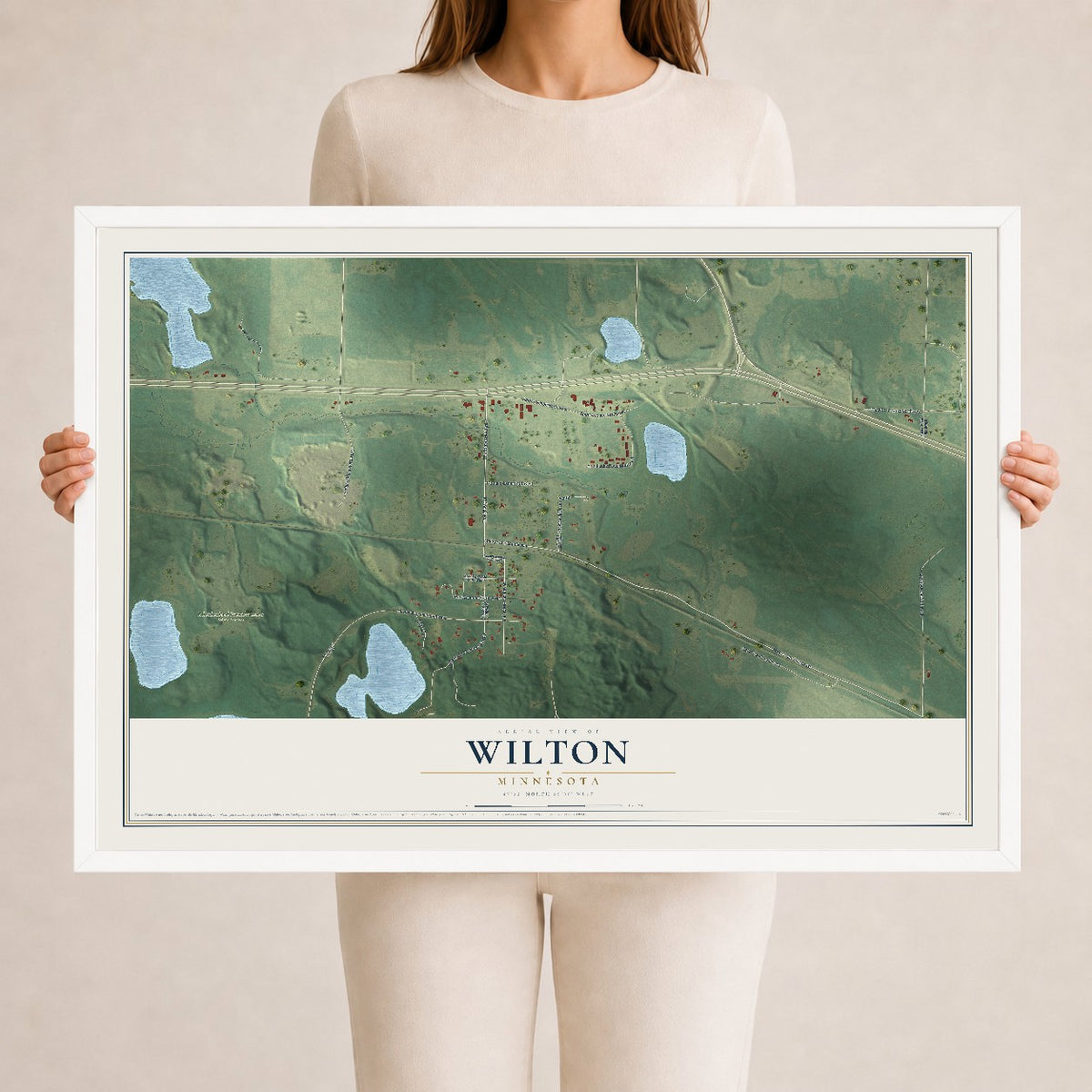 Map of Wilton, Minnesota, 24 x 36 inch print in a white wood frame