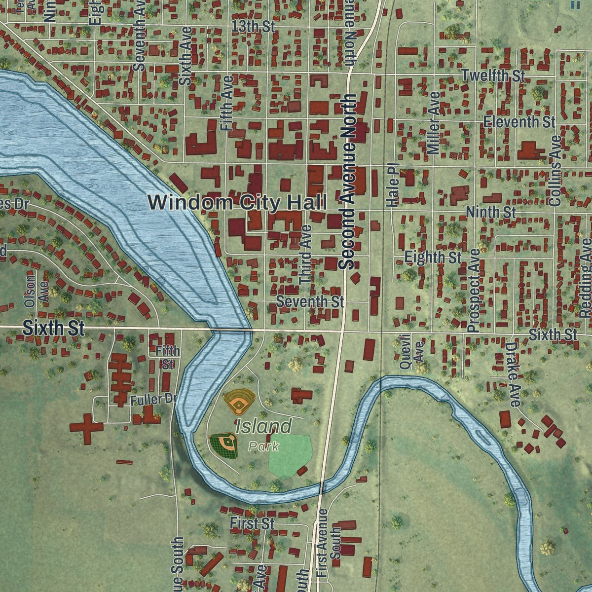 Close-up of the map of Windom, Minnesota print showing street and building detail