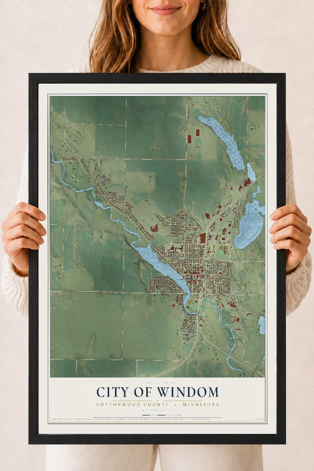 Map of Windom, Minnesota, 18 x 24 inch print in a black wood frame