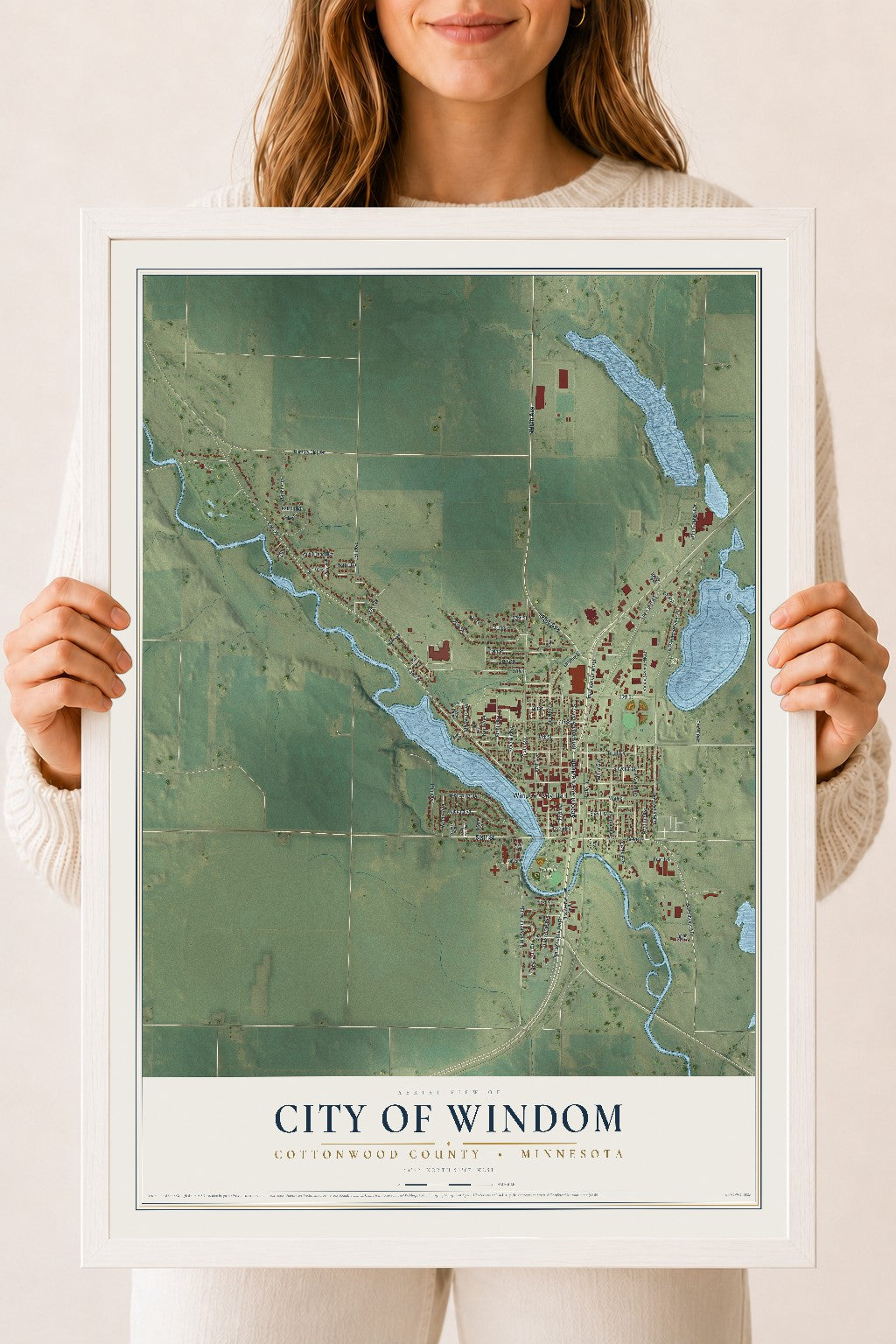 Map of Windom, Minnesota, 18 x 24 inch print in a white wood frame