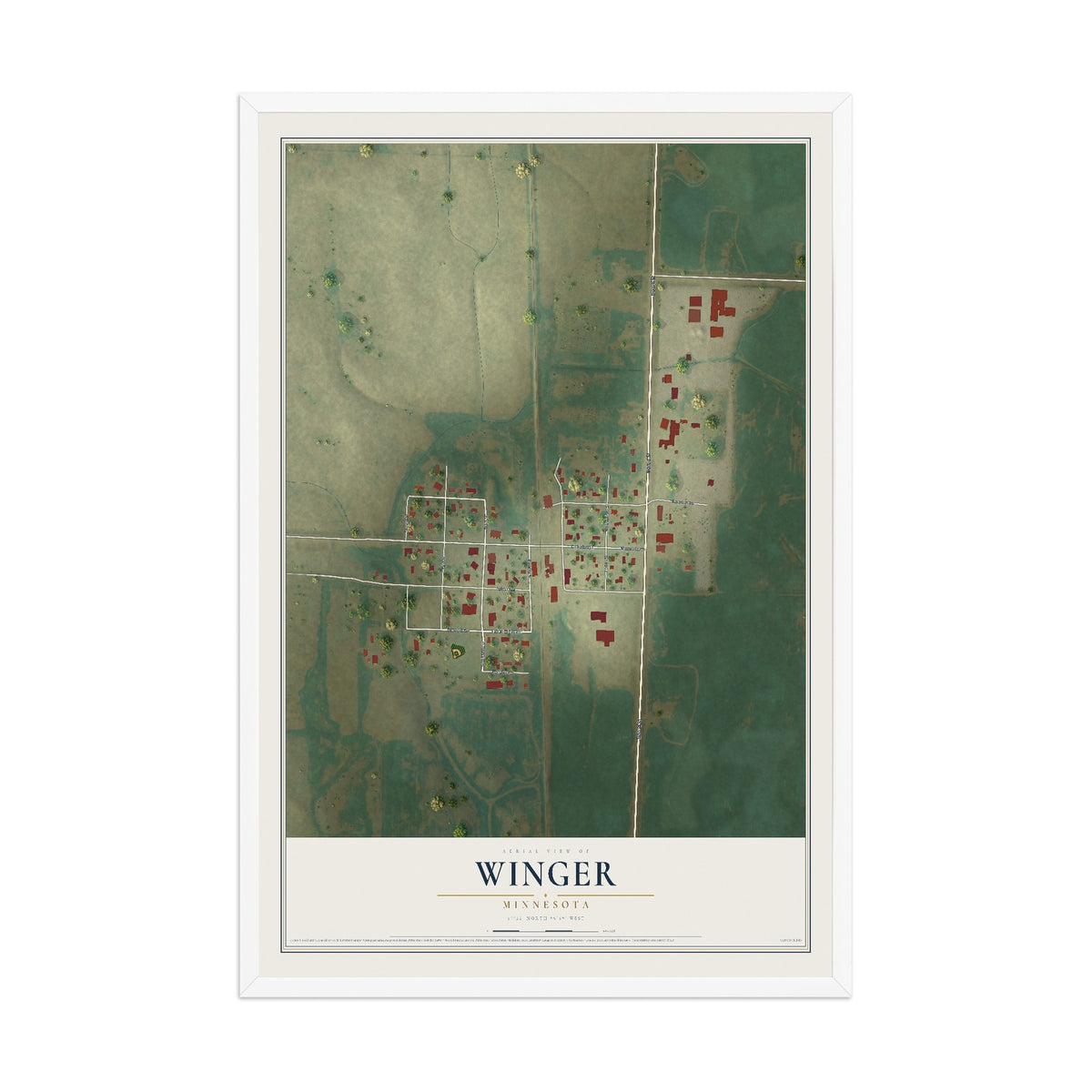 Map of Winger, Minnesota, 12 x 18 inch print in a white wood frame