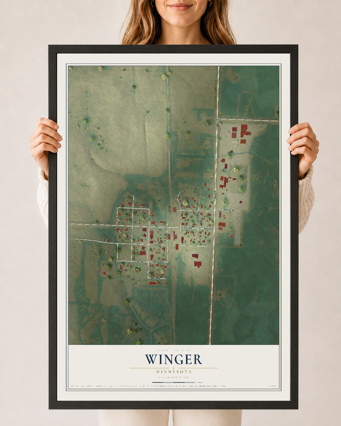 Map of Winger, Minnesota, 24 x 36 inch print in a black wood frame