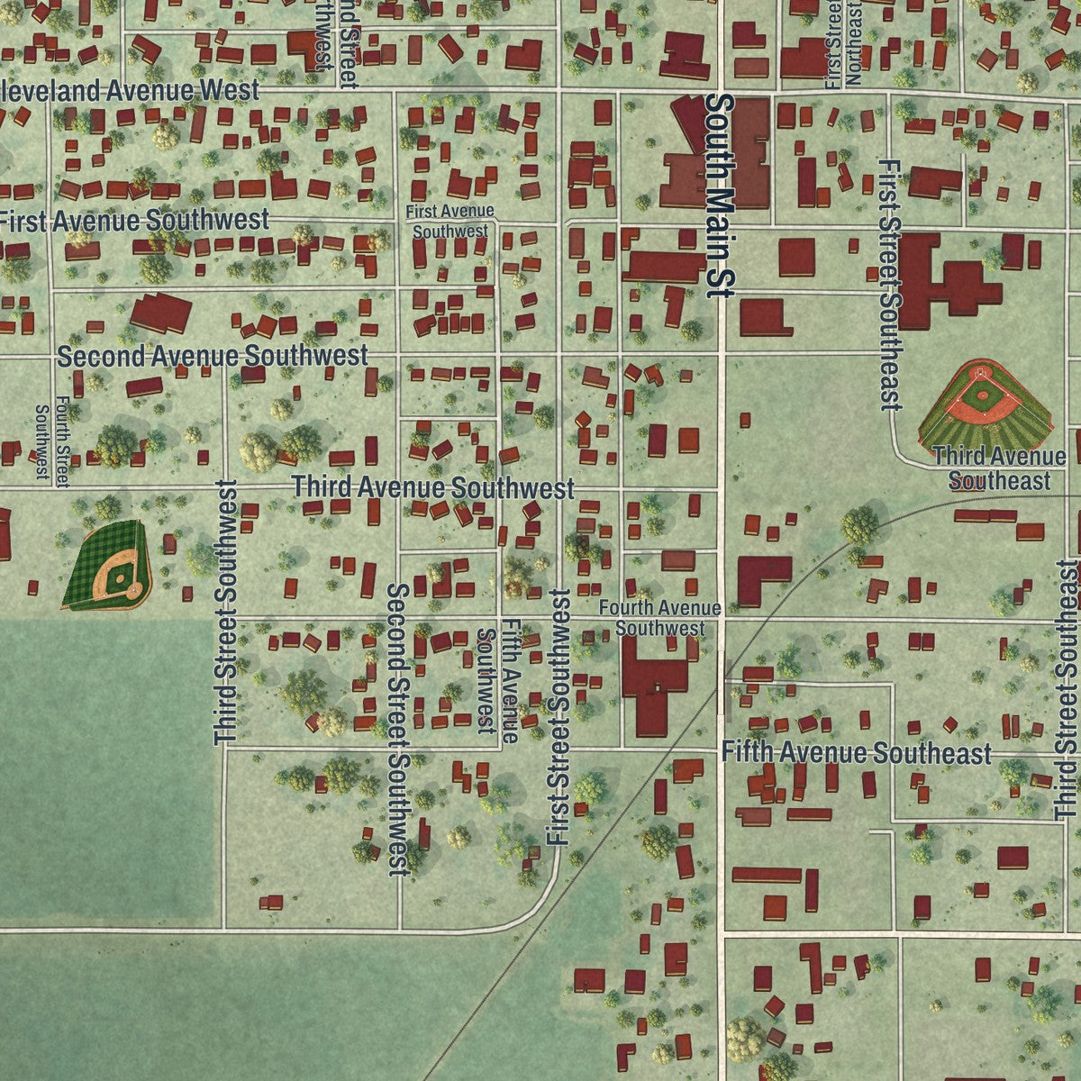 Close-up of the map of Winnebago, Minnesota print showing street and building detail