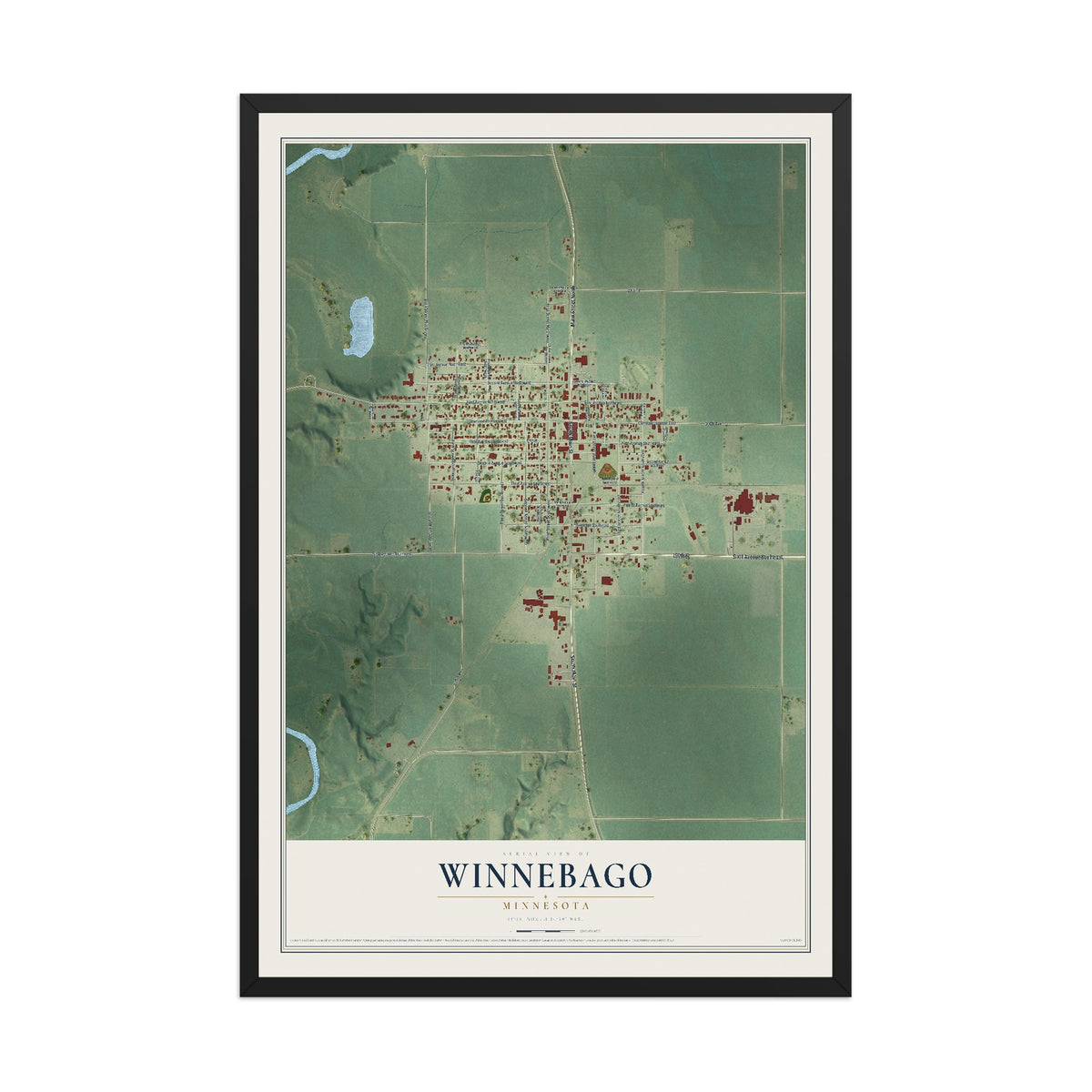 Map of Winnebago, Minnesota, 12 x 18 inch print in a black wood frame