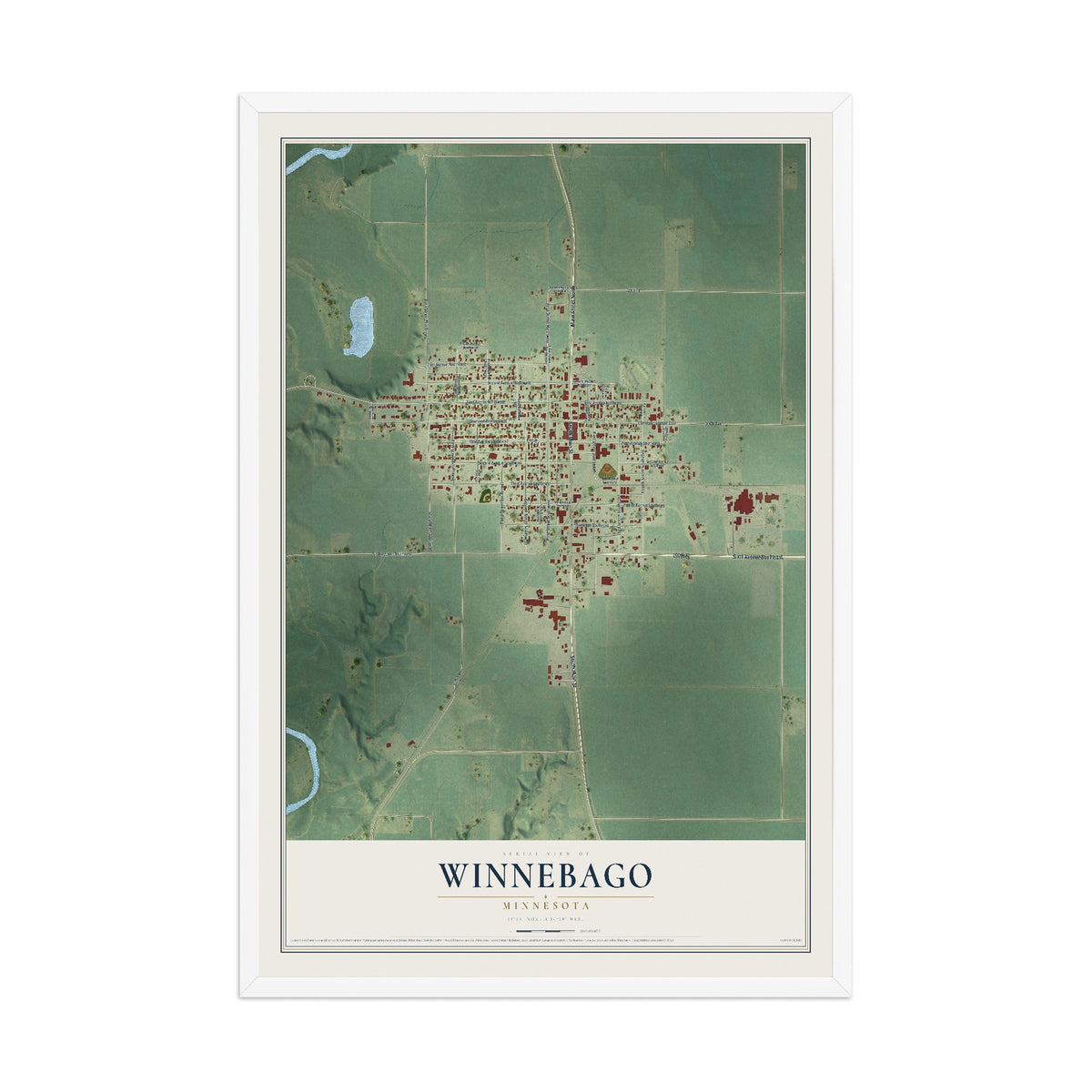 Map of Winnebago, Minnesota, 12 x 18 inch print in a white wood frame